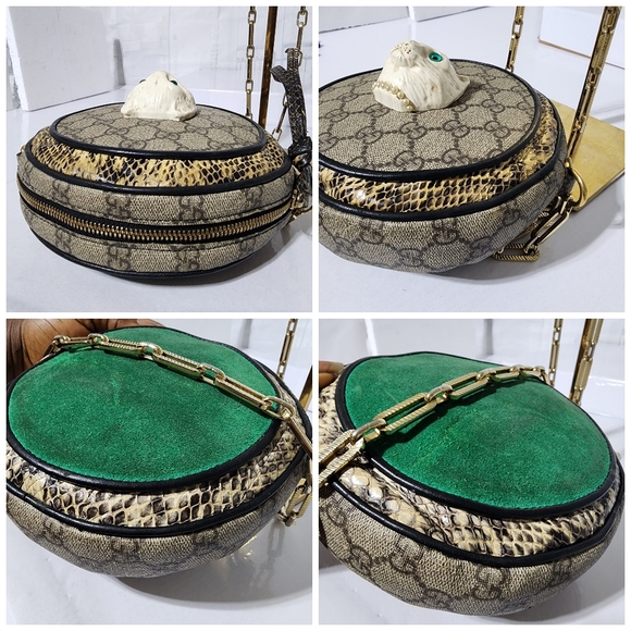 GUCCI GG Supreme Monogram Patchwork Cat Round Shoulder Bag Beige/Brown - Picture 15 of 16